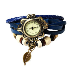 Beautiful Bohemian Style Retro Handmade Leather Tree Leaf Women's Watches Blue