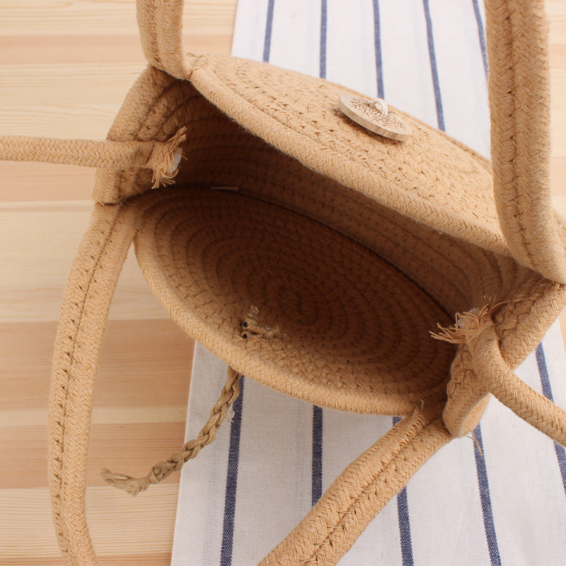 Round Cotton Rope Crossbody Woven Bag Beach Bag Sen Style Straw Bag
