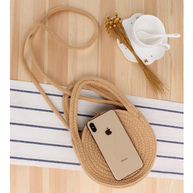 Round Cotton Rope Crossbody Woven Bag Beach Bag Sen Style Straw Bag