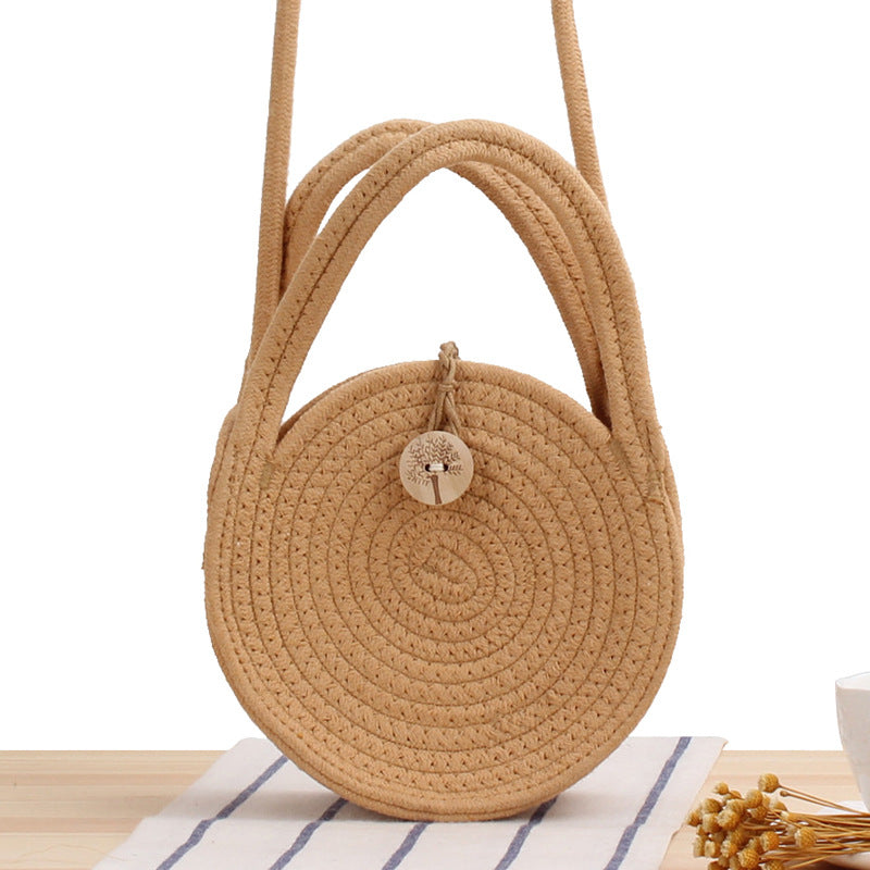 Round Cotton Rope Crossbody Woven Bag Beach Bag Sen Style Straw Bag