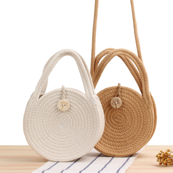 Round Cotton Rope Crossbody Woven Bag Beach Bag Sen Style Straw Bag