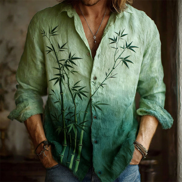 Mens Simple Lapel-Style Printed Long-Sleeve Shirt