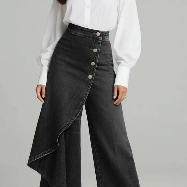 Denim Skort With Button Closure And Washed Finish For Women