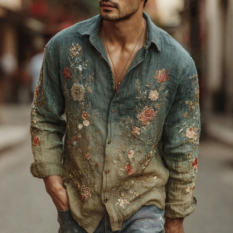 Mens Simple Lapel-Style Printed Long-Sleeve Shirt