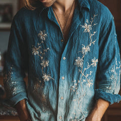 Mens Simple Lapel-Style Printed Long-Sleeve Shirt