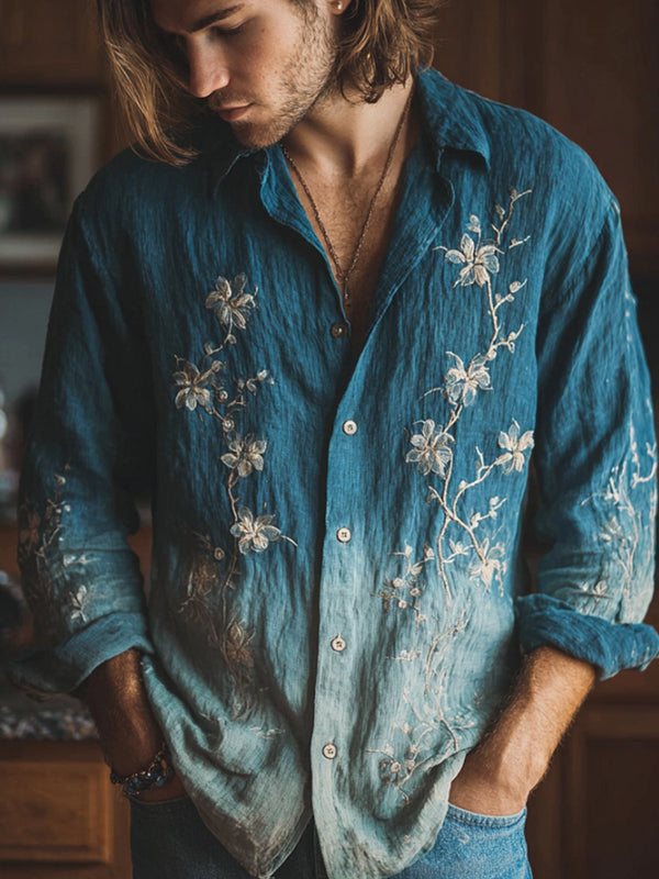 Mens Simple Lapel-Style Printed Long-Sleeve Shirt