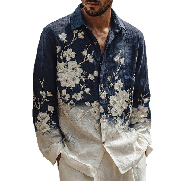 Mens Simple Lapel-Style Printed Long-Sleeve Shirt