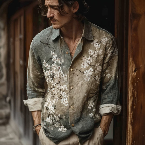 Mens Simple Lapel-Style Printed Long-Sleeve Shirt