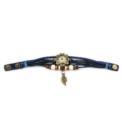 Beautiful Bohemian Style Retro Handmade Leather Tree Leaf Women's Watches Blue