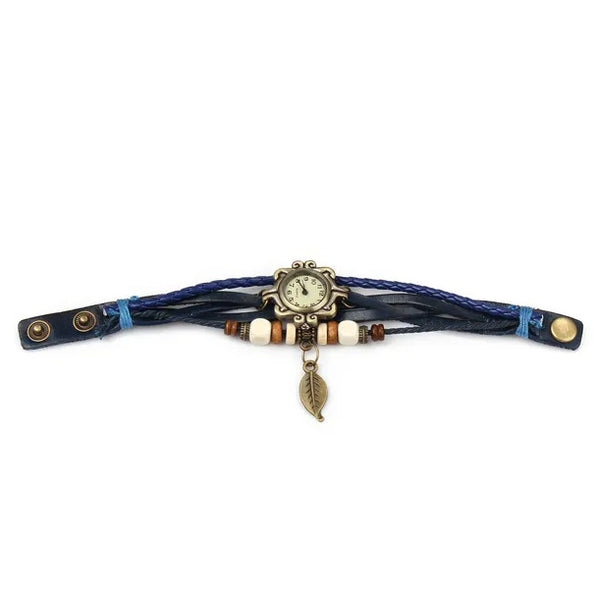 Beautiful Bohemian Style Retro Handmade Leather Tree Leaf Women's Watches Blue