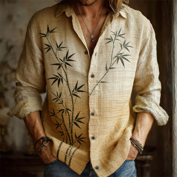 Mens Simple Lapel-Style Printed Long-Sleeve Shirt